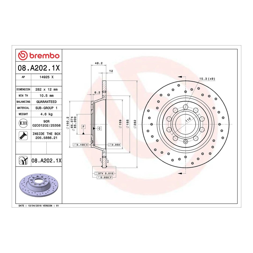 Brembo Xtra Rear Drilled Brake Disc 282mm - VW Golf Mk5/Mk6 1K/5K, Jetta, Passat B6/B7, Tiguan 5N, Audi A3 8P, Octavia 1Z | 08.A202.1X