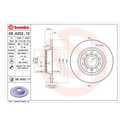 Brembo Rear Brake Disc 282mm - VW Golf Mk5/Mk6 1K/5K, Jetta, Passat B6/B7, Tiguan 5N, Audi A3 8P, Octavia 1Z | 08.A202.11