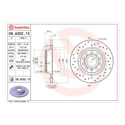Brembo Xtra Rear Drilled Brake Disc 282mm - VW Golf Mk5/Mk6 1K/5K, Jetta, Passat B6/B7, Tiguan 5N, Audi A3 8P, Octavia 1Z | 08.A202.1X