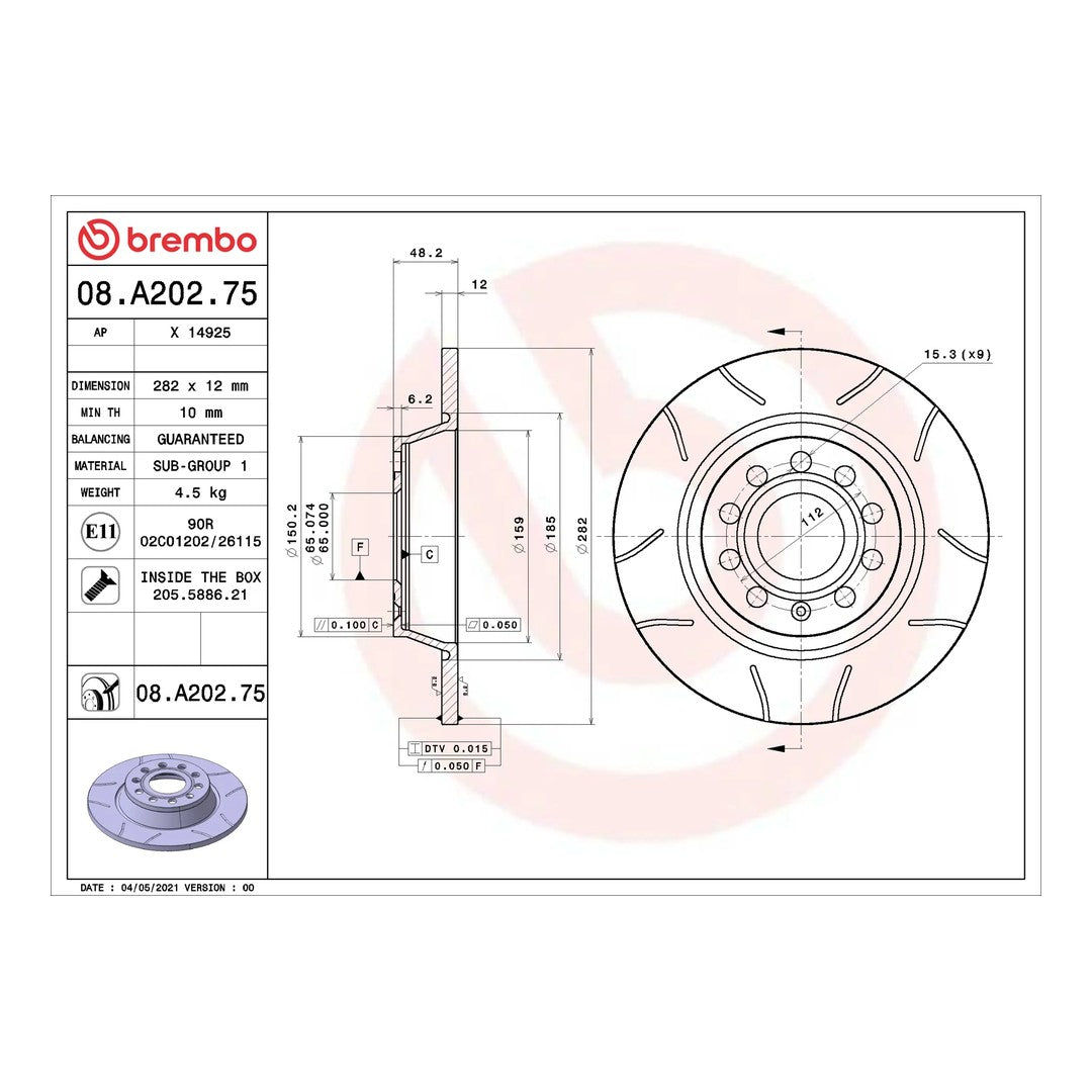 Brembo Max Rear Slotted Brake Disc 282mm - VW Golf Mk5/Mk6 1K/5K, Jetta, Passat B6/B7, Tiguan 5N, Audi A3 8P, Octavia 1Z | 08.A202.75