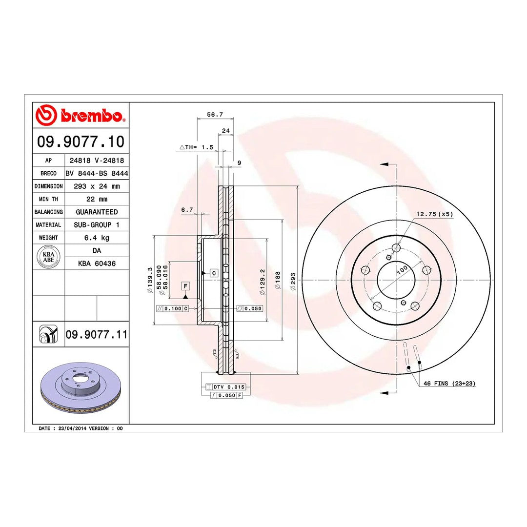 Brembo Front Brake Disc 293mm - Subaru Impreza WRX GC8/GD 1994-2005, Forester SF/SG, Outback BE/BH | 09.9077.11