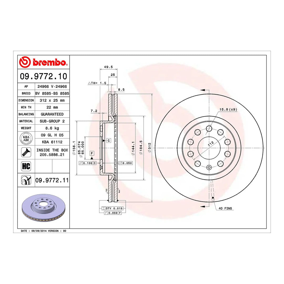 Brembo Front Brake Disc 312mm - VW Golf Mk5/Mk6/Mk7 GTI 1K/5K/5G, Audi A3 8P/8V, Skoda Octavia RS 1Z, Seat Leon 1P | 09.9772.11