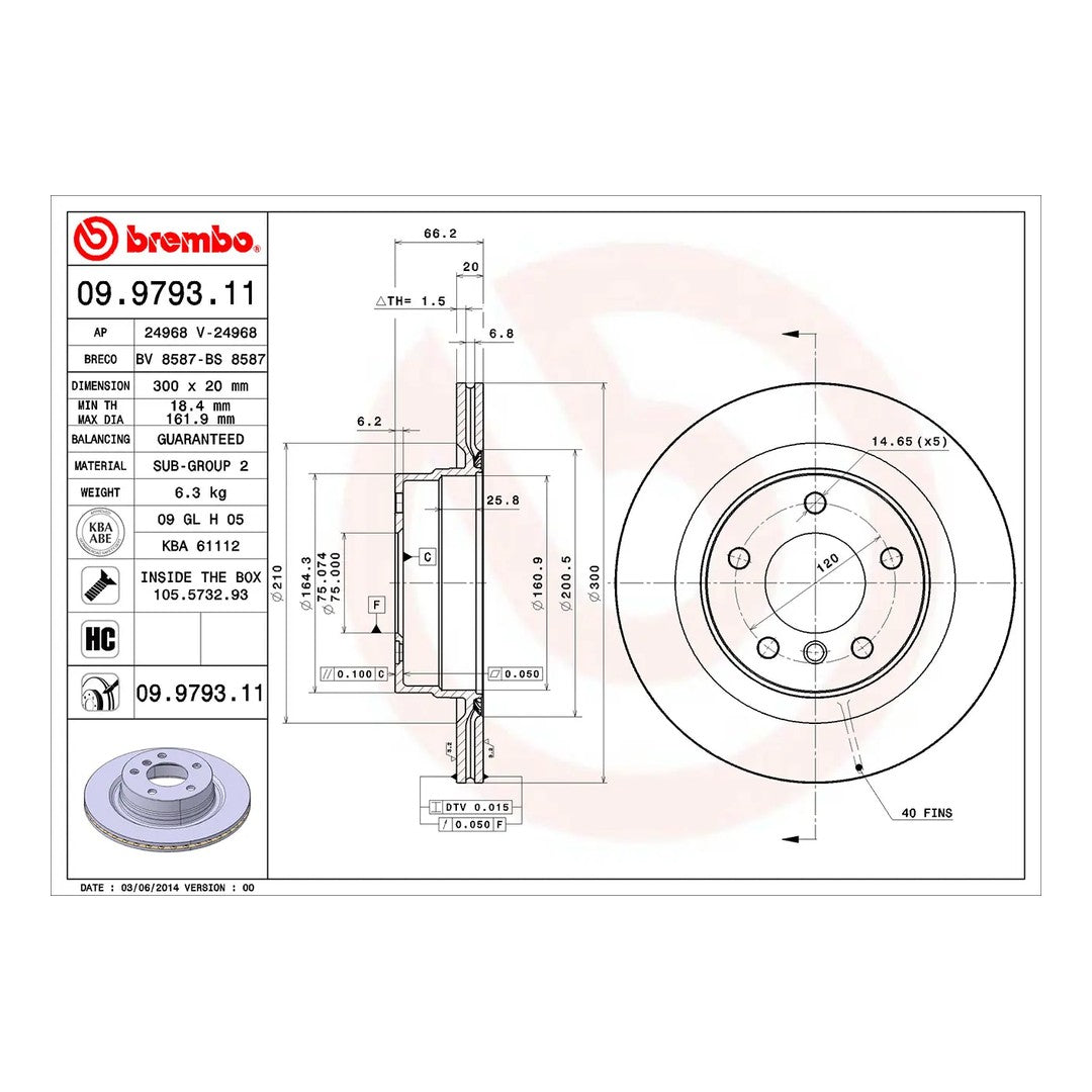 Brembo Rear Brake Disc 300mm - BMW 3 Series E90/E91/E92, F30/F31, 1/2/4 Series E87/F20/F22/F32 | 09.9793.11