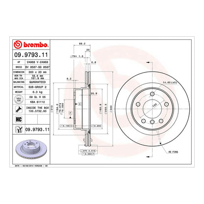 Brembo Rear Brake Disc 300mm - BMW 3 Series E90/E91/E92, F30/F31, 1/2/4 Series E87/F20/F22/F32 | 09.9793.11