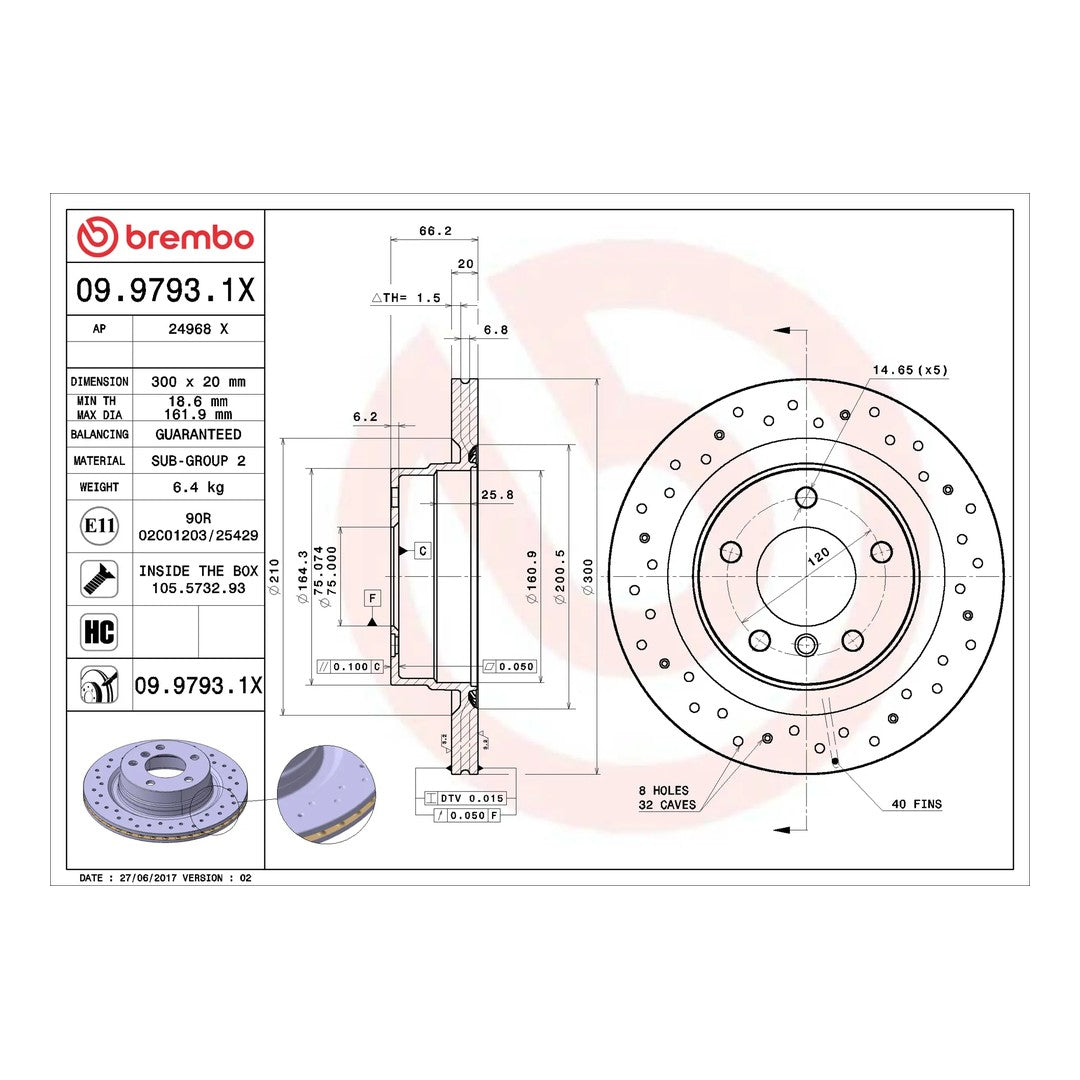 Brembo Xtra Rear Drilled Brake Disc 300mm - BMW 3 Series E90/E91/E92, F30/F31, 1/2/4 Series E87/F20/F22/F32 | 09.9793.1X