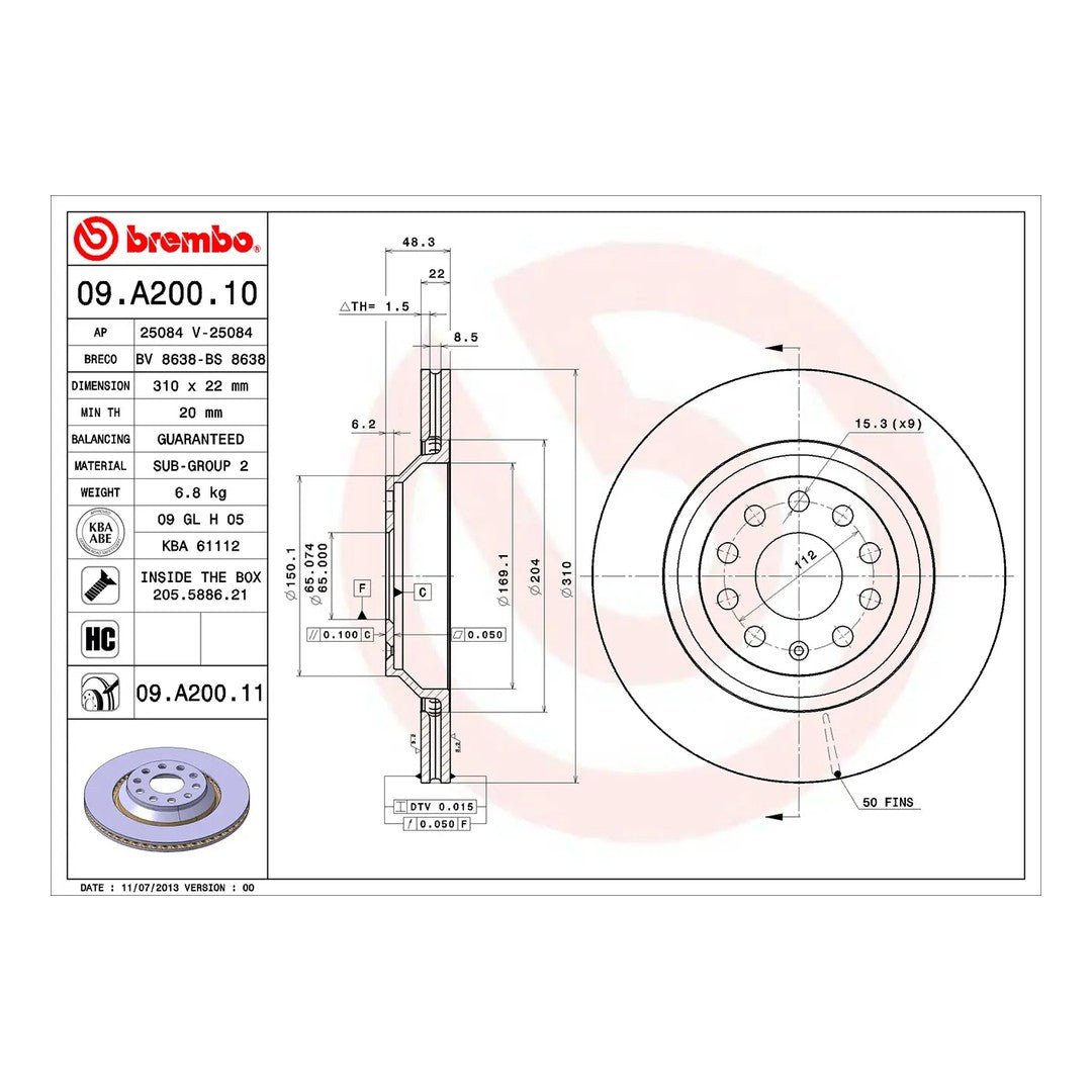 Brembo Rear Brake Disc 310mm - VW Golf R Mk6/Mk7, Audi S3/RS3 8V, TTS 8S | 09.A200.11