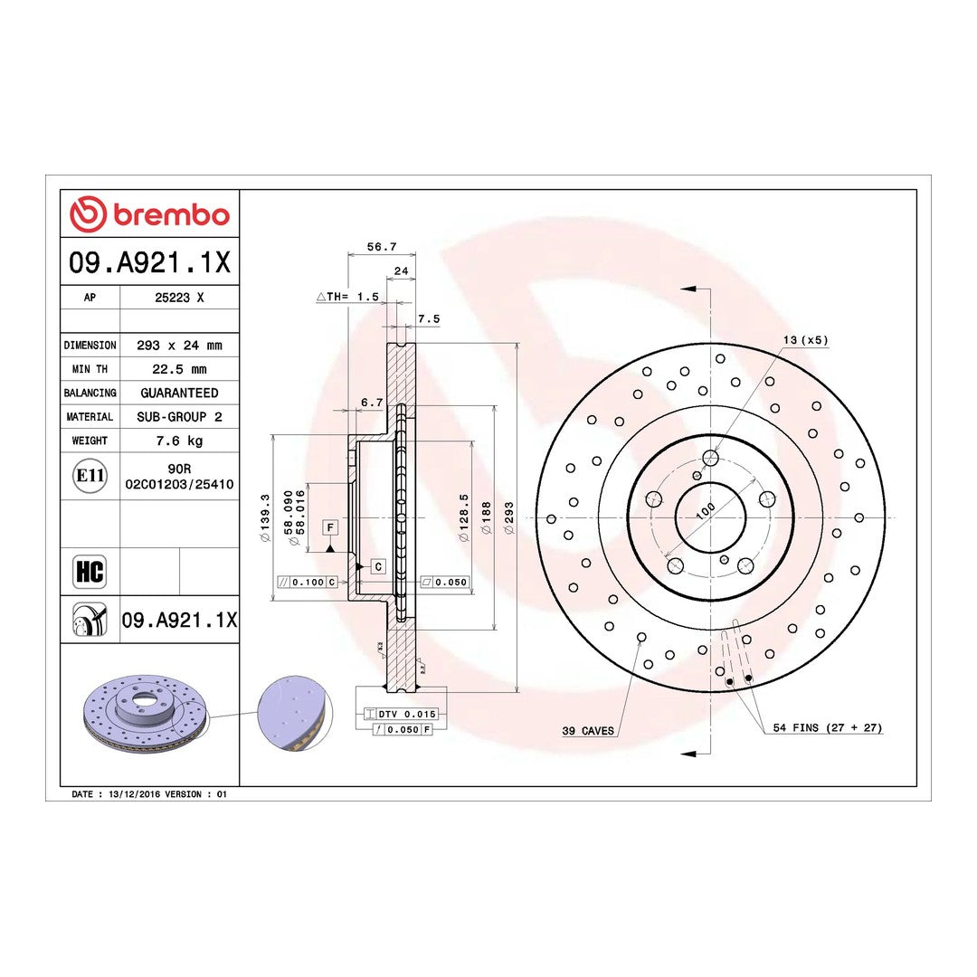 Brembo Xtra Front Drilled Brake Disc 293mm - Subaru Impreza/WRX GD-GH, Forester SG/SH, Legacy, Outback, XV, BRZ, Toyota 86 ZN6 | 09.A921.1X