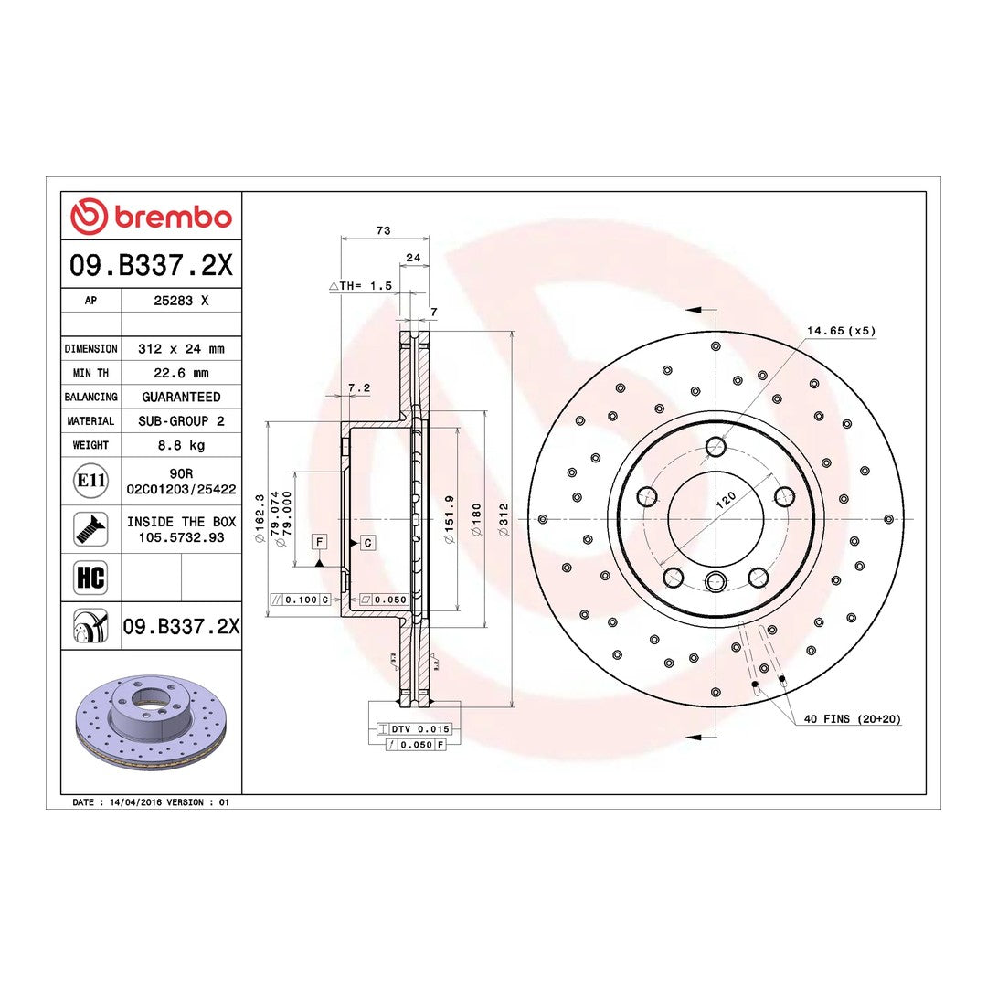 Brembo Xtra Front Drilled Brake Disc 312mm - BMW 1/2/3/4 Series F20/F21/F22/F30/F31/F32/F34/F36 2011-2019 | 09.B337.2X