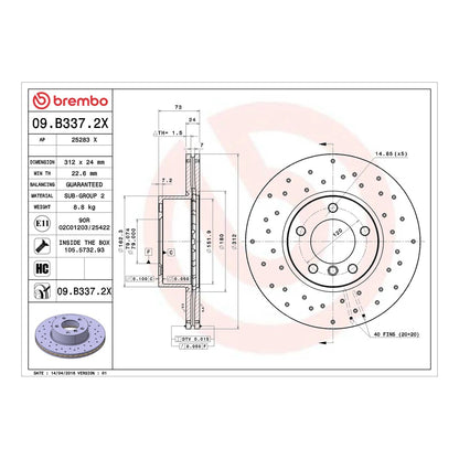 Brembo Xtra Front Drilled Brake Disc 312mm - BMW 1/2/3/4 Series F20/F21/F22/F30/F31/F32/F34/F36 2011-2019 | 09.B337.2X
