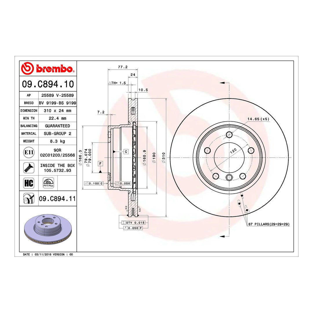 Brembo Front Brake Disc 310mm - BMW 5 Series E60/E61 520i-530i 2003-2010 | 09.C894.11