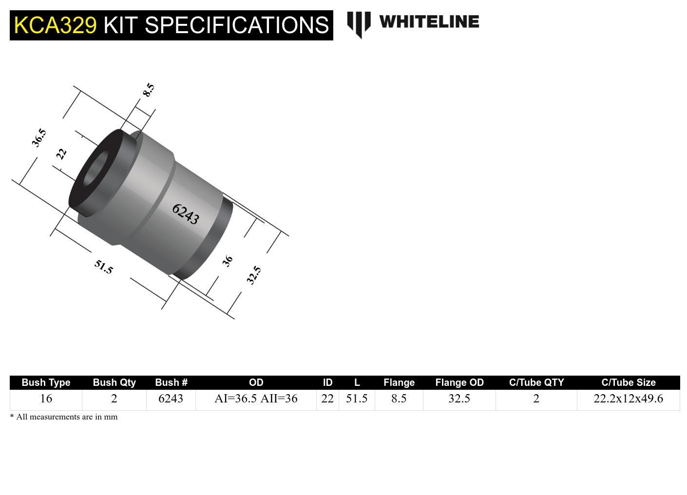 Whiteline Rear Control Arm Upper - Inner Bushing Kit Double Offset to Suit Chrysler, Citroen, Dodge,