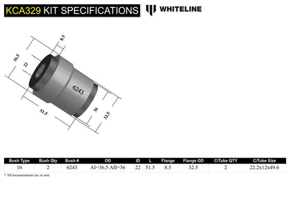 Whiteline Rear Control Arm Upper - Inner Bushing Kit Double Offset to Suit Chrysler, Citroen, Dodge,