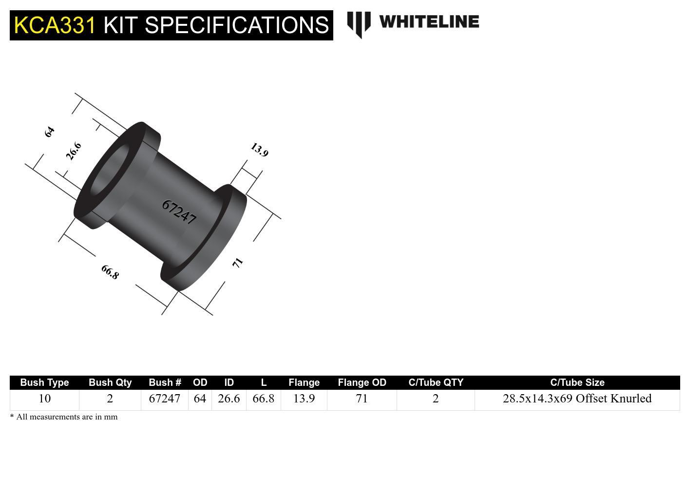 Whiteline Front Strut Rod - To Chassis Bushing Kit Double Offset to Suit Nissan 180SX, 200SX. 300ZX