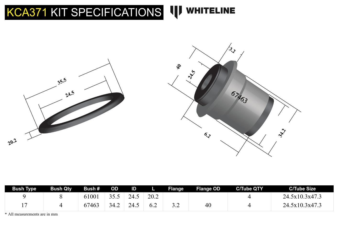 Whiteline Front Control Arm Upper - Bushing Kit Double Offset to Suit Honda Civic VI Gen and CR-V RD