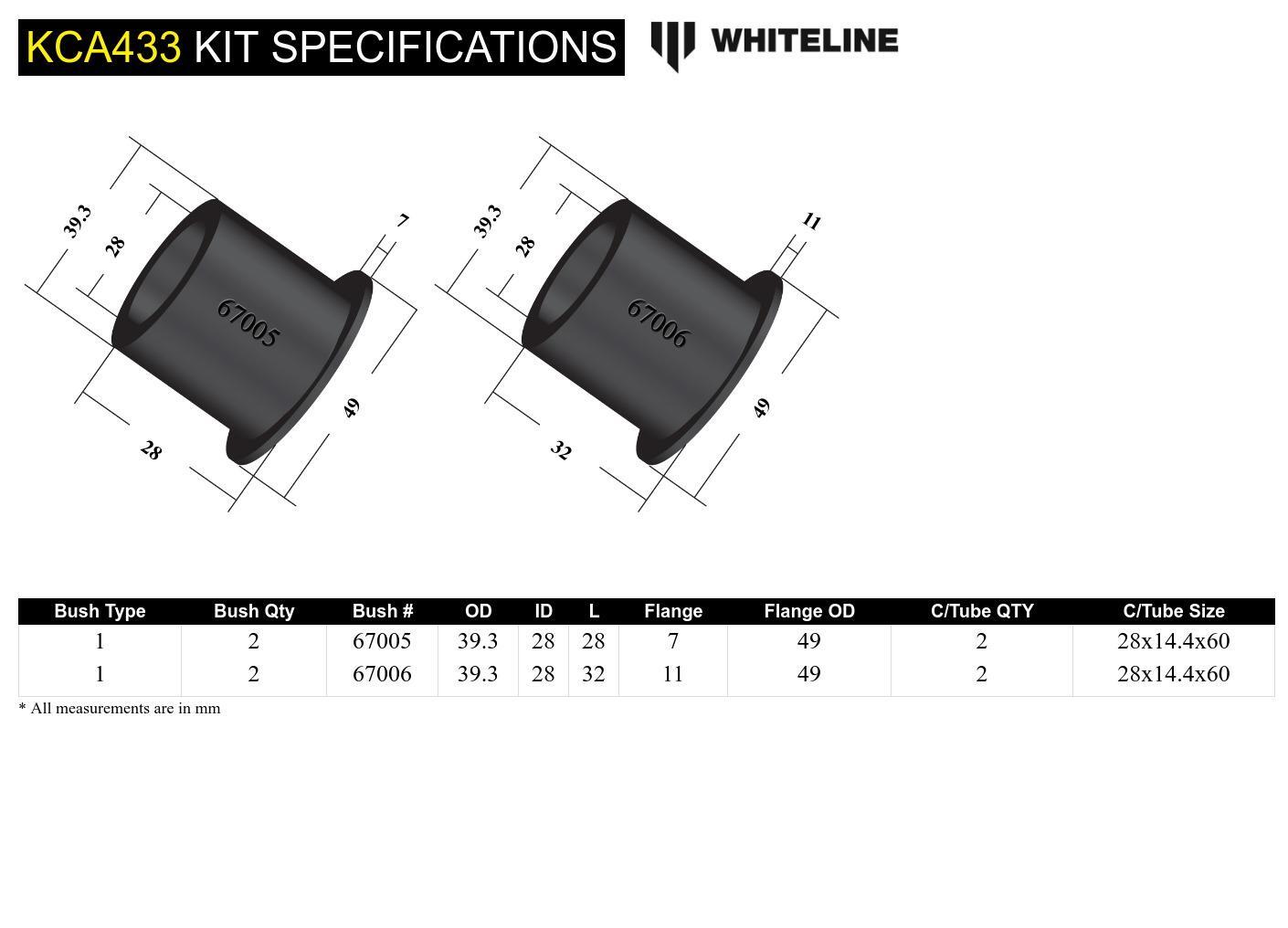 Whiteline Front Control Arm Lower - Bushing Kit Double Offset to Suit Ford Mustang S197 | KCA433