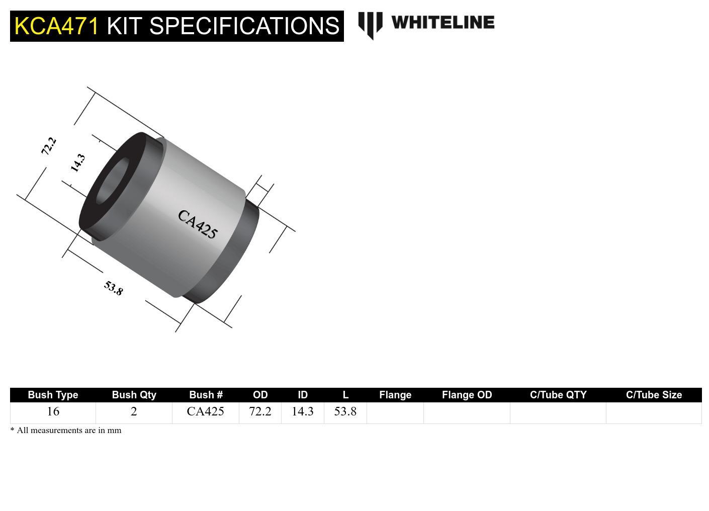 Whiteline Front Control Arm Lower - InnerRear Bushing Double Offset Kit to Suit Mitsubishi Lancer Ev
