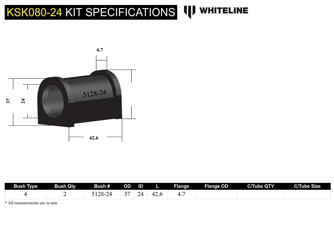 Whiteline Front Sway Bar Mount - Bushing Kit 24mm to Suit Whiteline Sway Bars | KSK080-24
