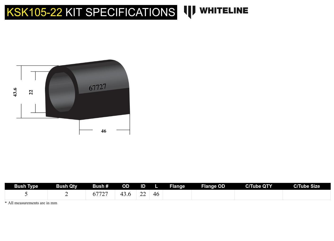 Whiteline Front Sway Bar Mount - Bushing Kit 22mm to Suit Whiteline Sway Bars | KSK105-22