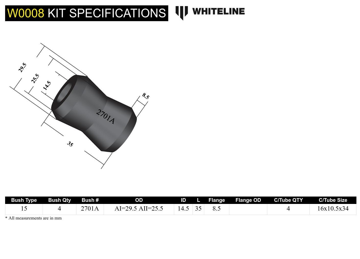 Whiteline Sway Bar Link - Bushing Service Kit to Suit Whiteline KLC26, KLC32 and W23480 | W0008