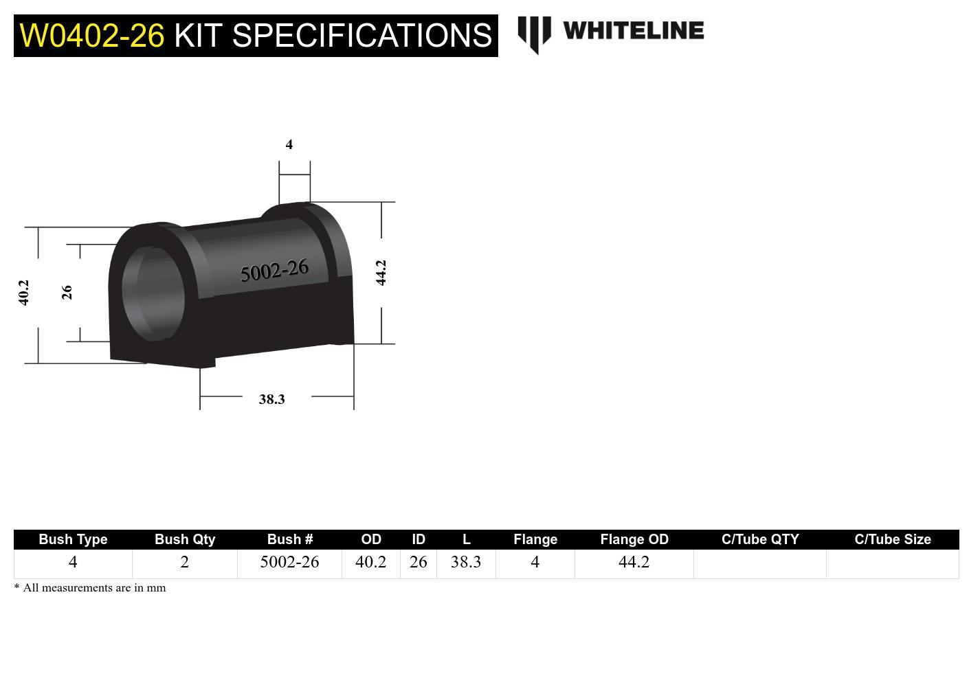 Whiteline Front Sway Bar Mount - Bushing Kit 26mm to Suit Hyundai I30 FD and Elantra HD | W0402-26