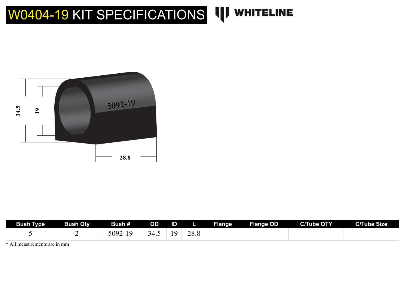 Whiteline Sway Bar Mount - Bushing Kit 19mm to Suit Subaru Forester, Impreza, Liberty and Outback |