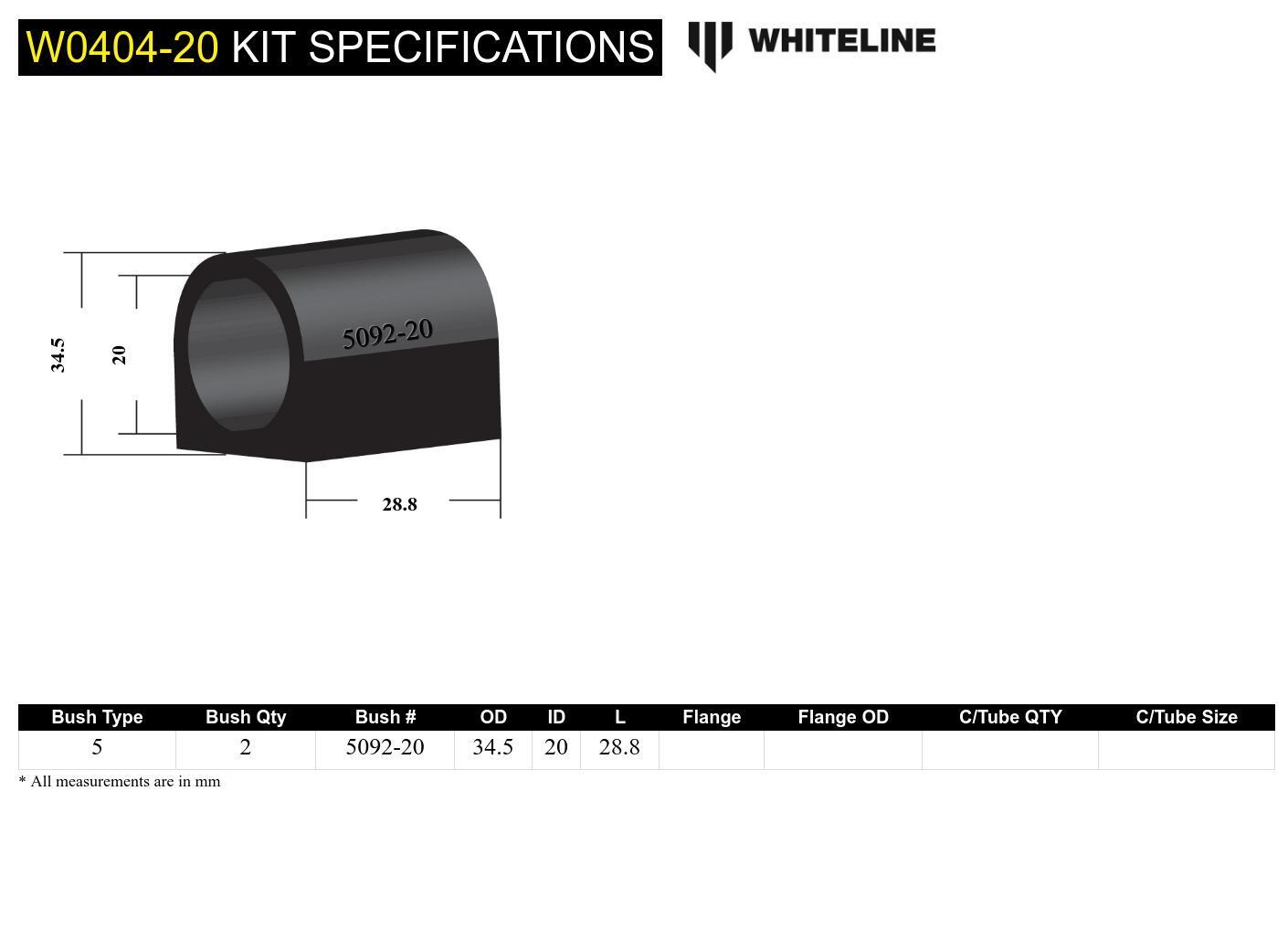 Whiteline Swy Bar Mount - Bushing Kit 20mm to Suit Subaru Forester, Impreza, Liberty and Outback | W