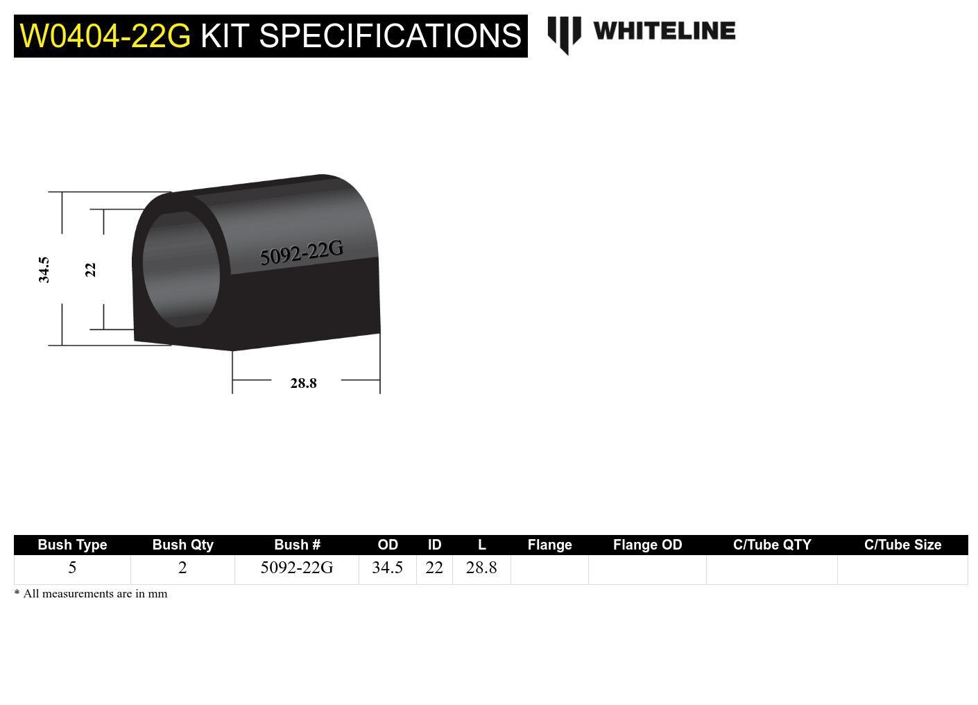 Whiteline Sway Bar Mount - Bushing Kit 22mm 'Grease Free' to Suit Subaru Forester, Impreza, Liberty