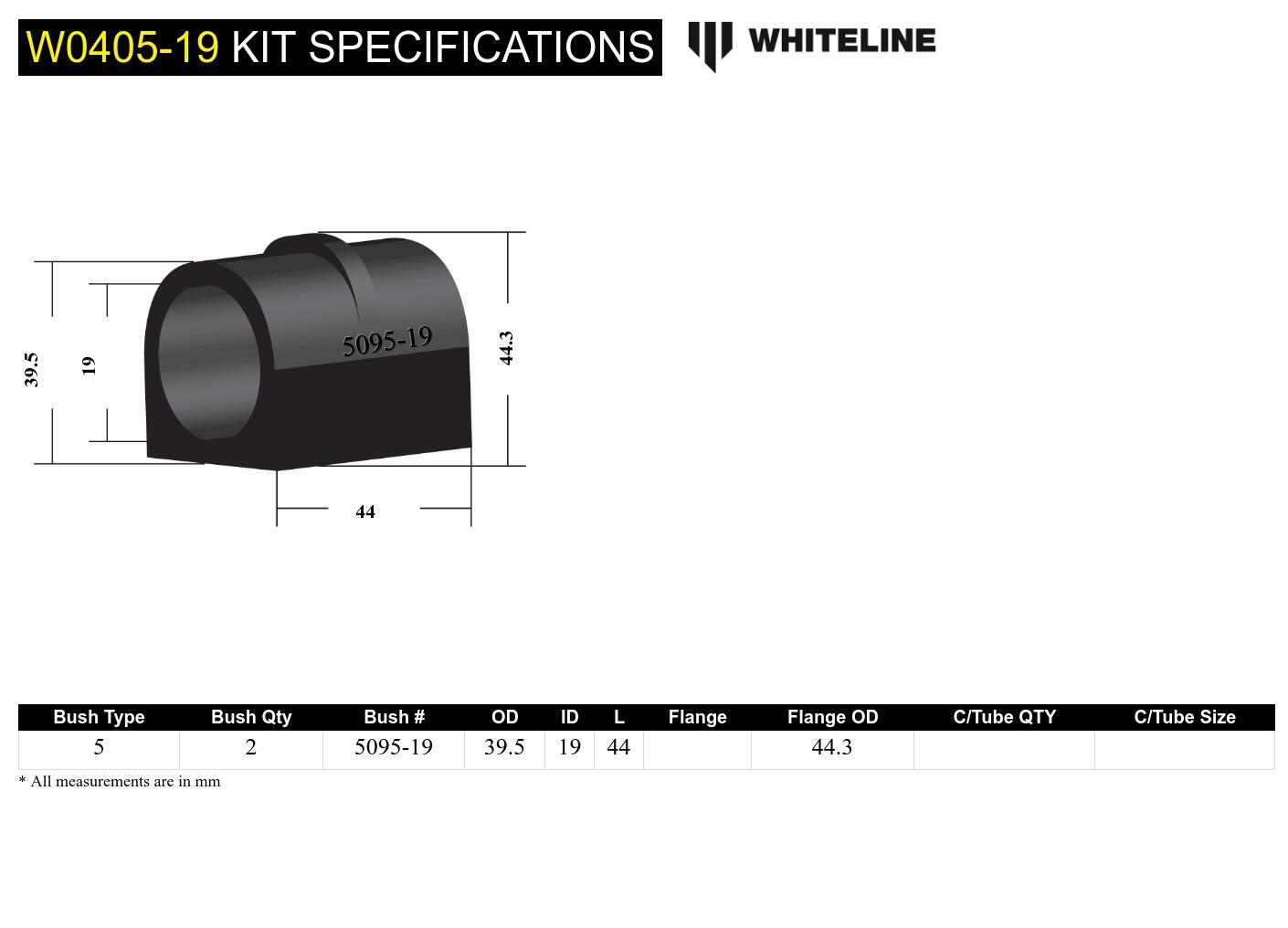 Whiteline Front Sway Bar Mount - Bushing Kit 19mm to Suit Subaru Forester, Impreza and Liberty | W04