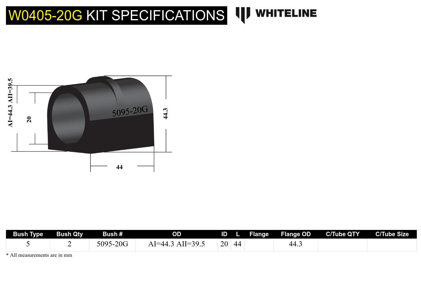 Whiteline Front Sway Bar Mount - Bushing Kit 20mm 'Grease Free' to Suit Subaru Forester, Impreza and