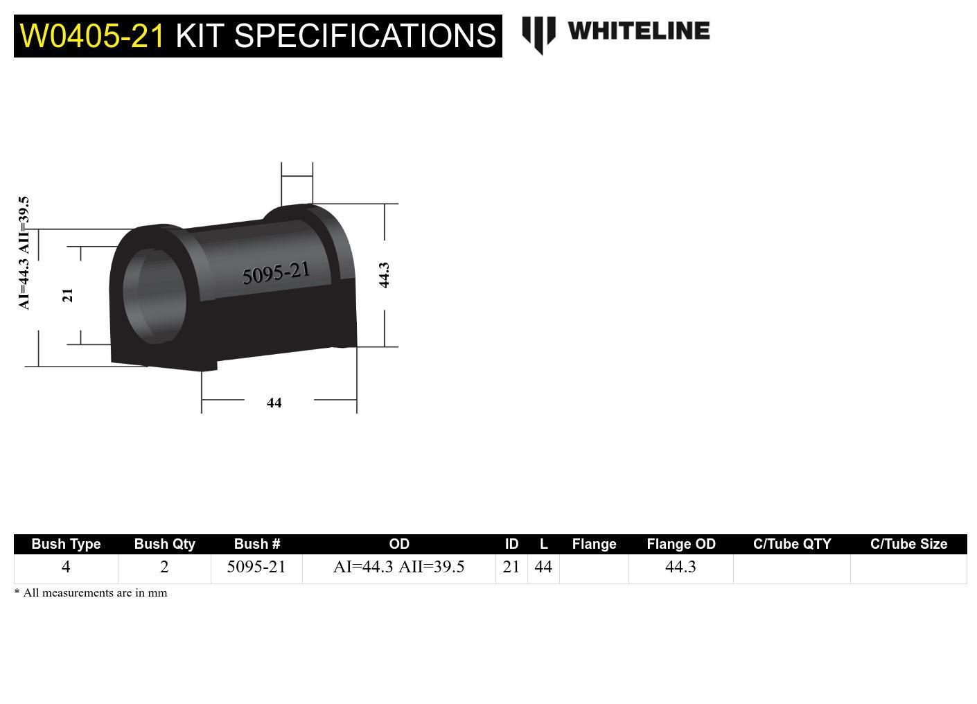Whiteline Front Sway Bar Mount - Bushing Kit 21mm to Suit Subaru Forester, Impreza and Legacy | W04