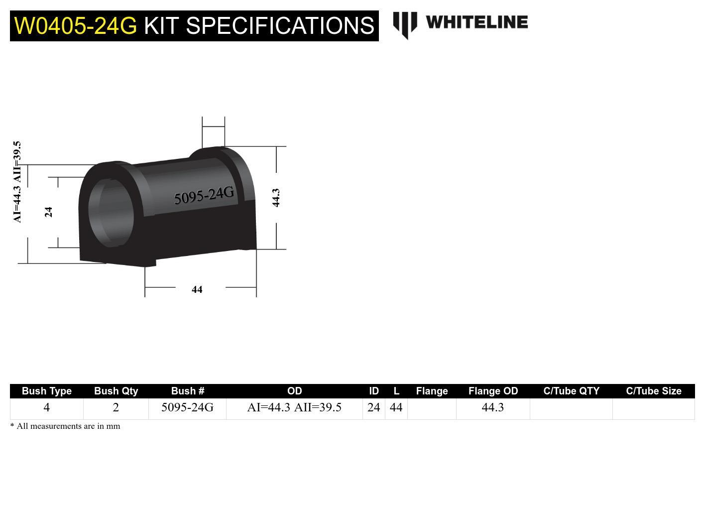 Whiteline Front Sway Bar Mount - Bushing Kit 24mm 'Grease Free' to Suit Subaru Forester, Impreza and