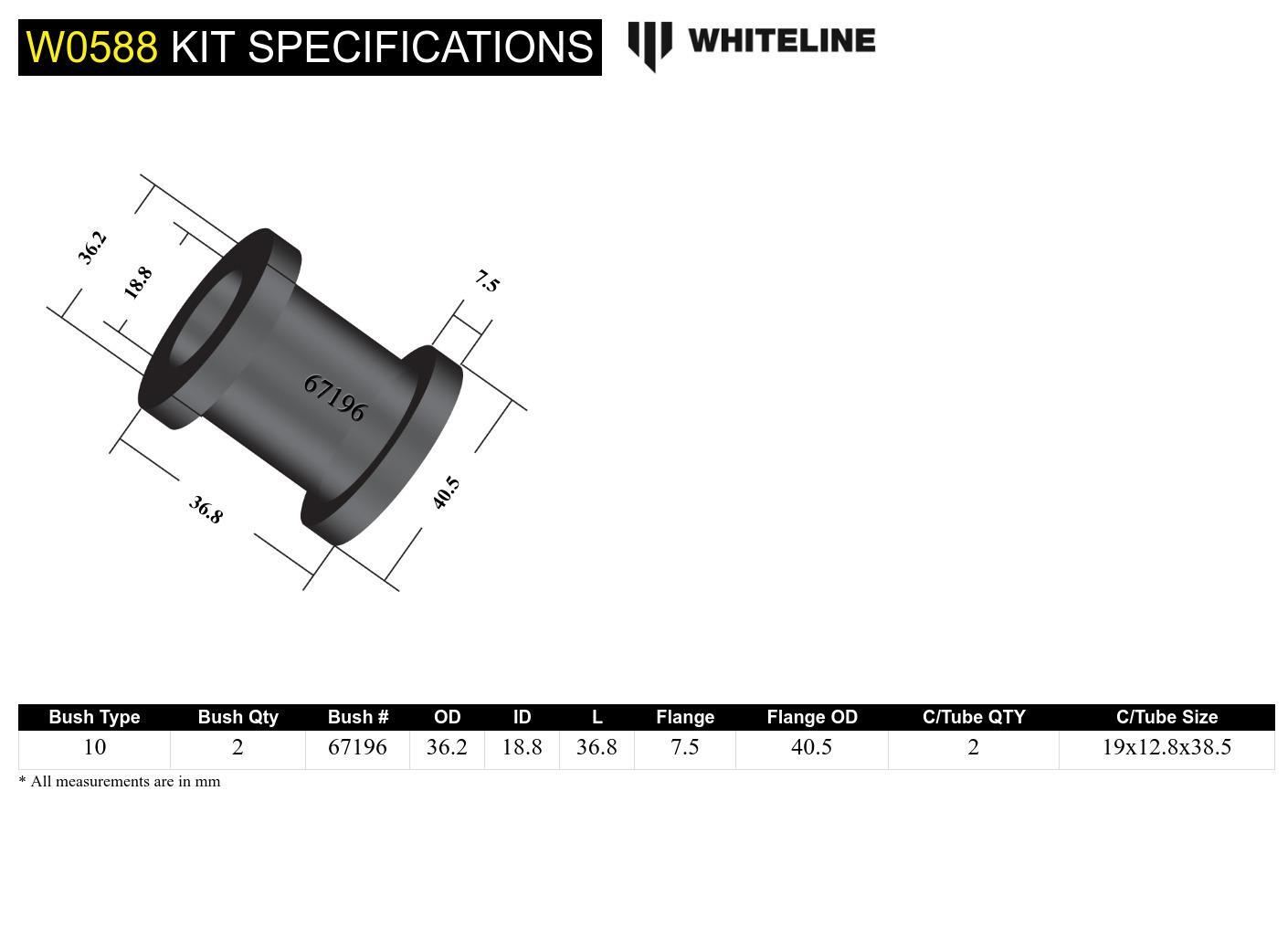 Whiteline Rear Toe Arm Inner - Bushing Kit to Suit Mitsubishi Lancer Evo IV-IX | W0588