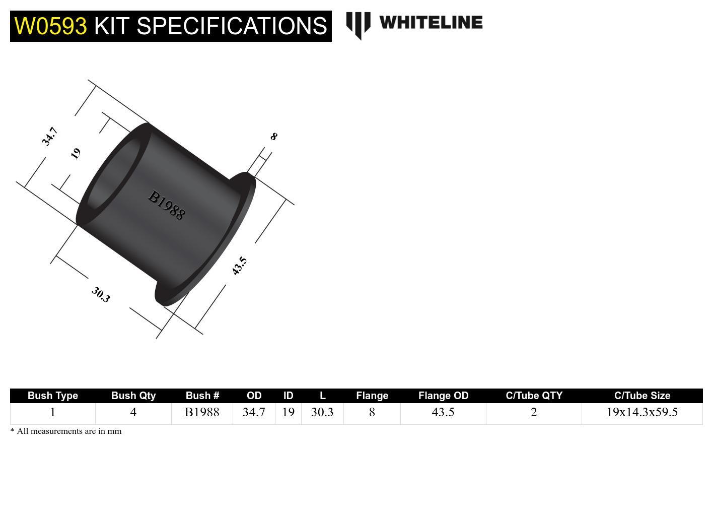 Whiteline Front Control Arm Lower - Inner Front Bushing Kit to Suit Chrysler, Citroen, Dodge, Jeep,