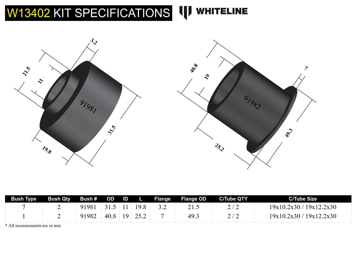 Whiteline Front Steering Rack and Pinion - Mount Bshing Kit to Suit Toyota Avensis T27 | W13402