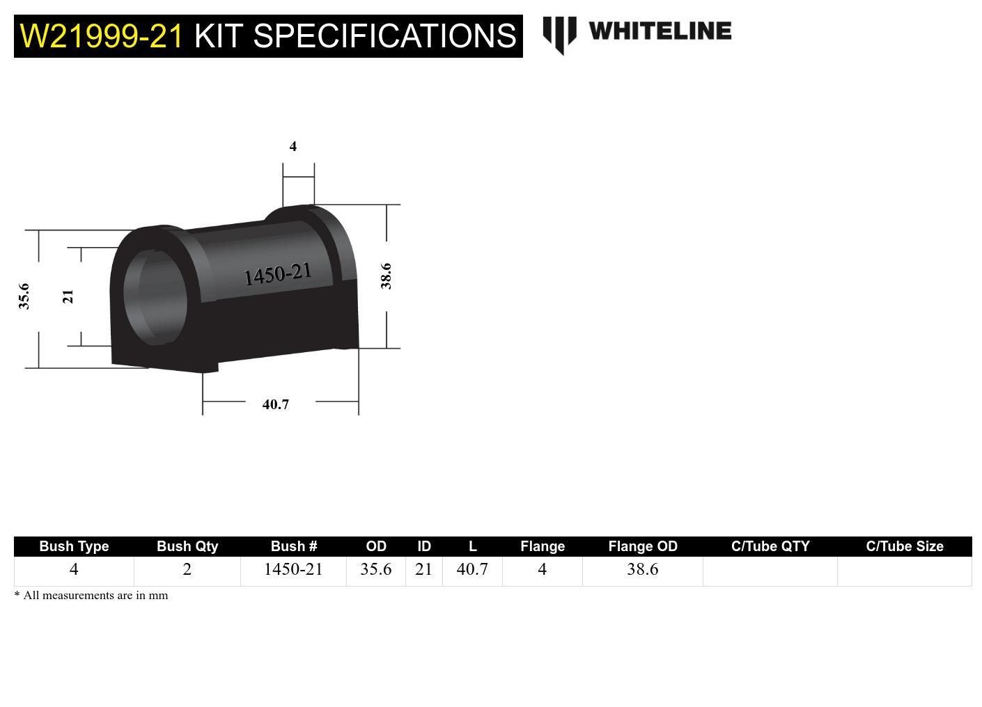 Whiteline Universal Sway Bar Mount - Bushing Kit 21mm | W21999-21