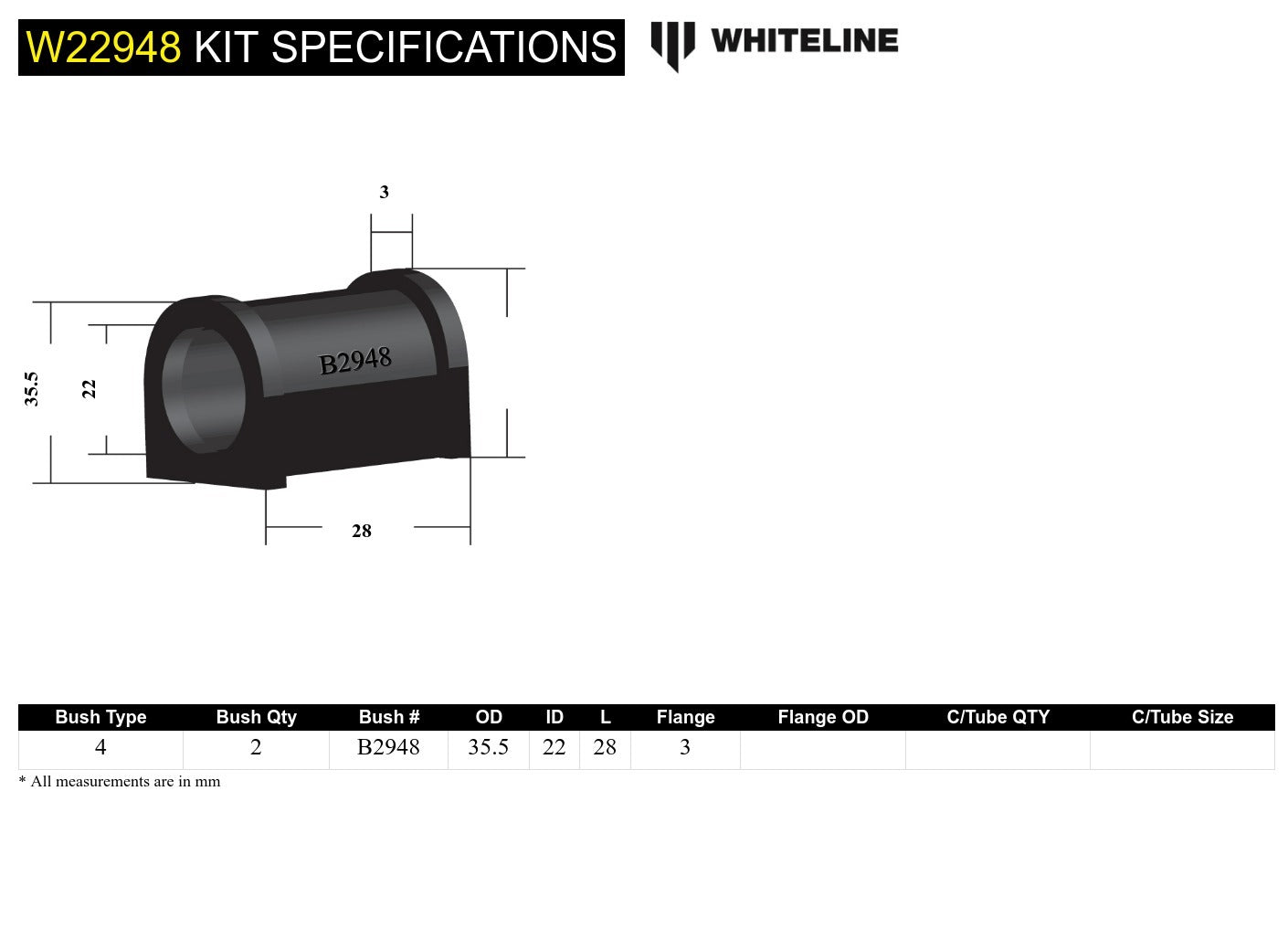 Whiteline Front Sway Bar Mount - Bushing Kit 22mm to Suit Subaru Brumby and Leone | W22948
