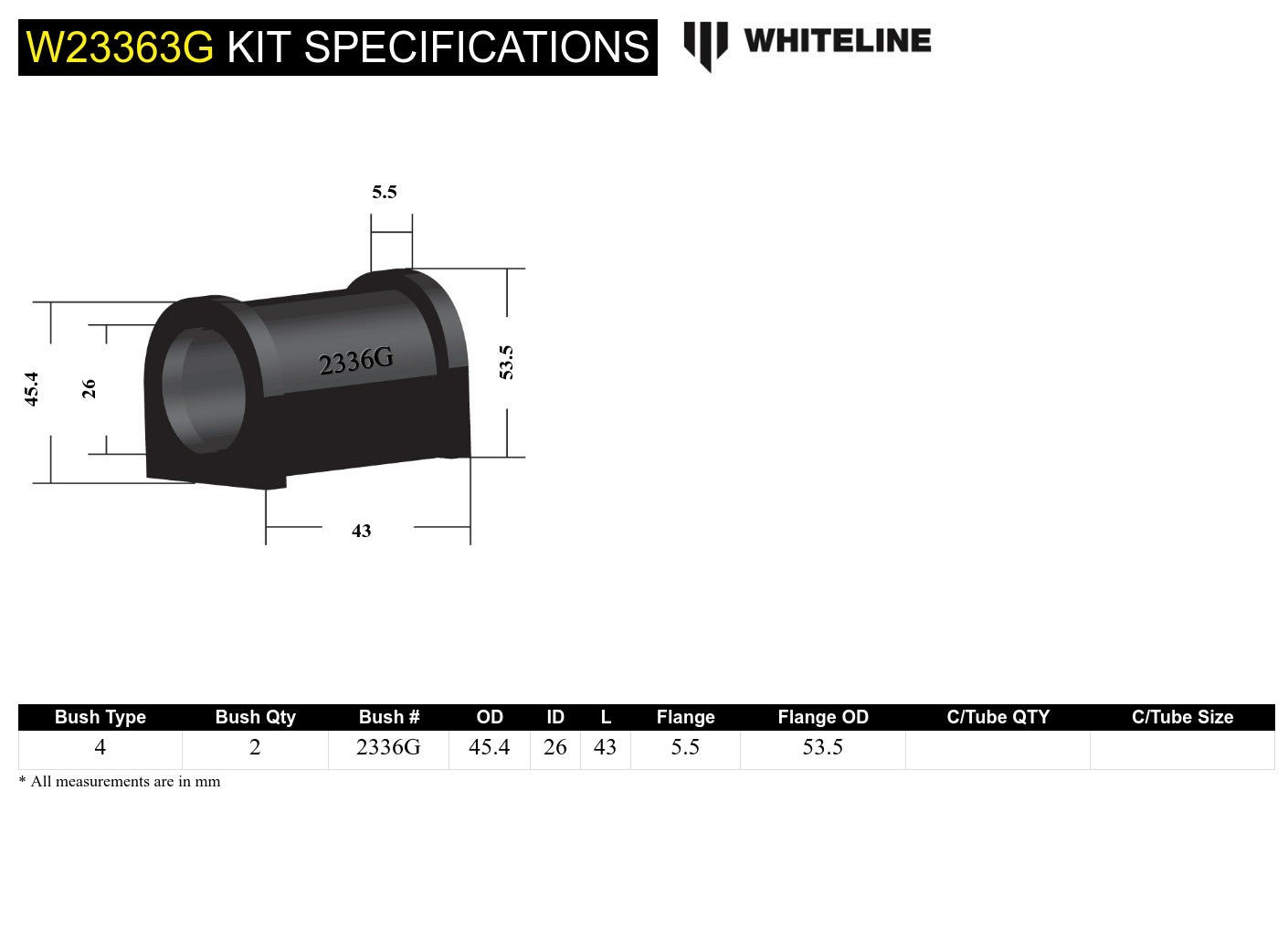 Whiteline Front Sway Bar Mount - Bushing Kit 26mm 'Grease Free' to Suit Toyota Tarago and Town Ace |