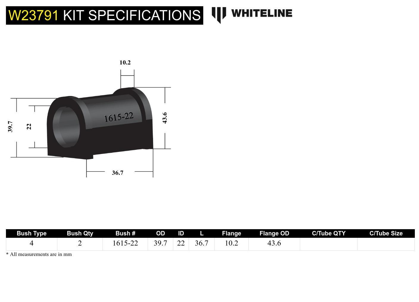 Whiteline Sway Bar Mount - Bushing Kit 22mm to Suit Ford Falcon/Fairlane EL-FGX and FPV | W23791