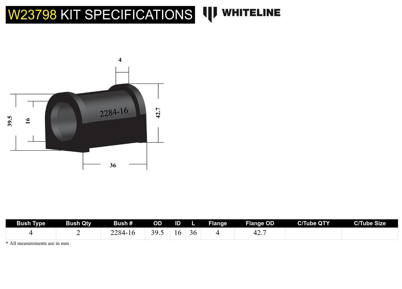 Whiteline Rear Sway Bar Mount - Bushing Kit 16mm to Suit Toyota Camry SXV20 | W23798