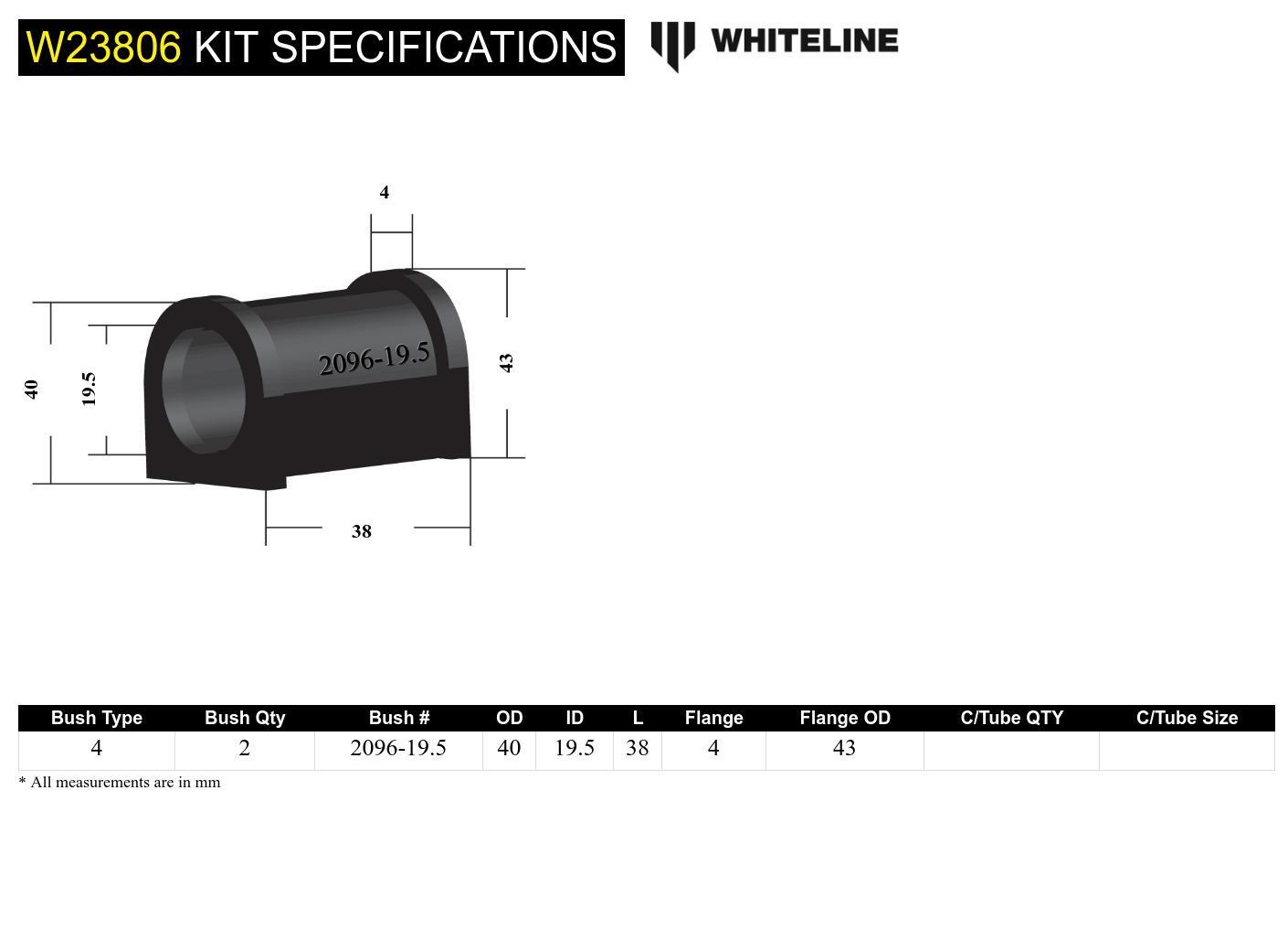 Whiteline Front Sway Bar Mount - Bushing Kit 19.5mm to Suit Mitsubishi Challenger PA and Triton MK |