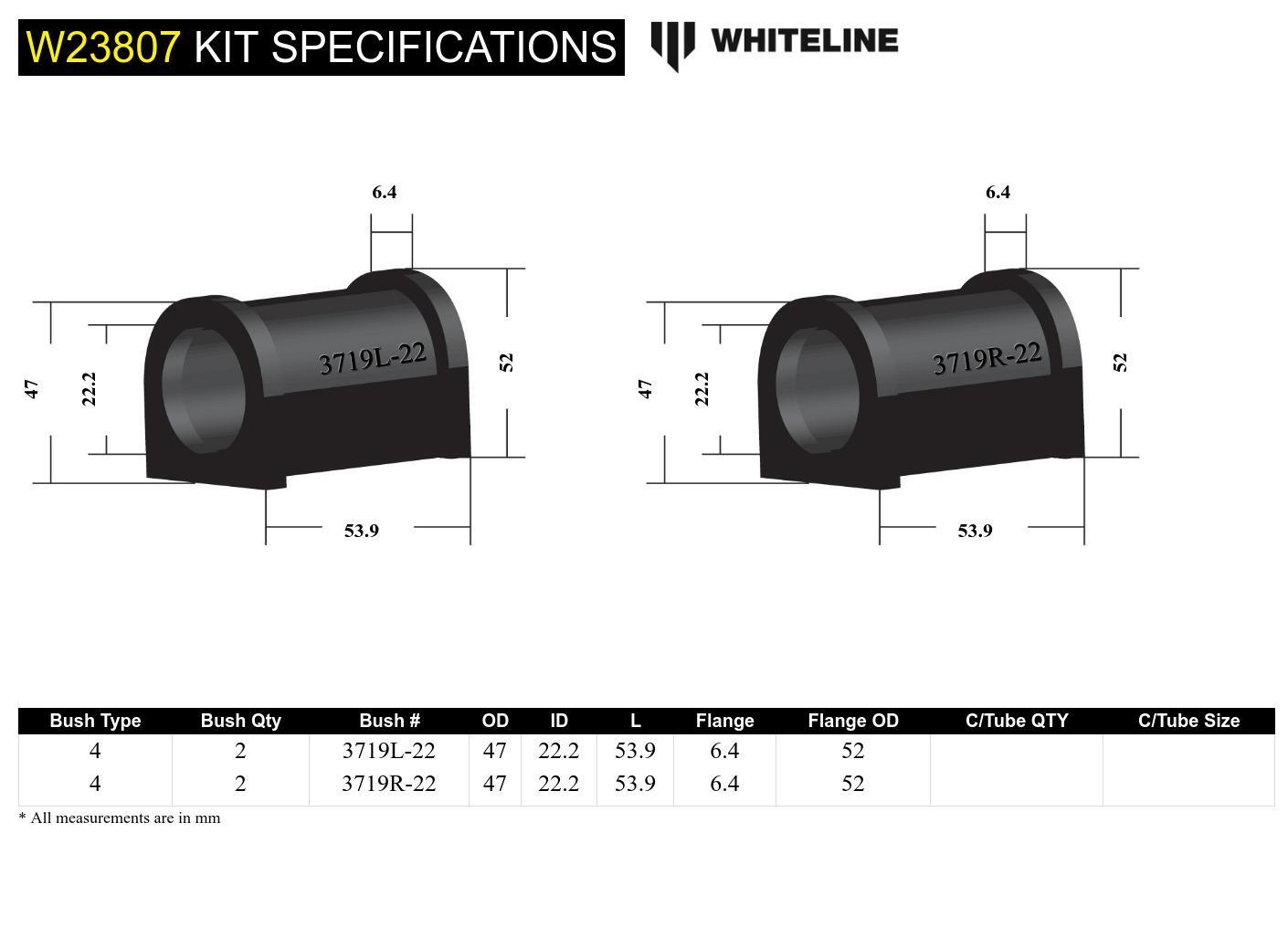 Whiteline Front Sway Bar Mount - Bushing Kit 22.2mm to Suit Toyota Corolla, Prius and Rav 4 | W23807