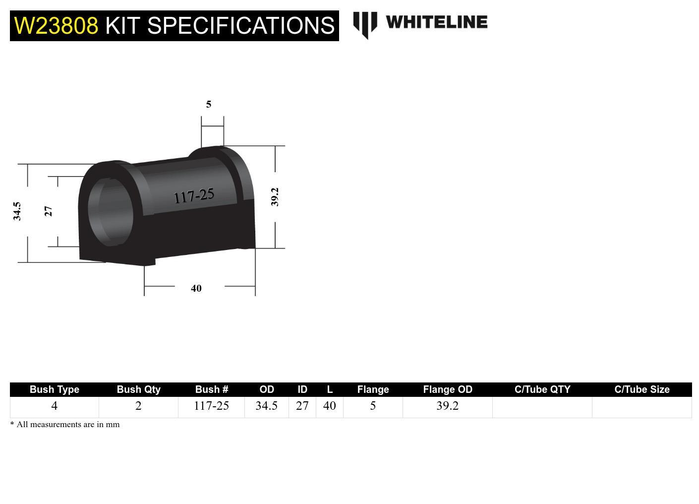 Whiteline Front Sway Bar Mount - Bushing Kit 25mm to Suit Mitsubishi Triton MK 4wd | W23808