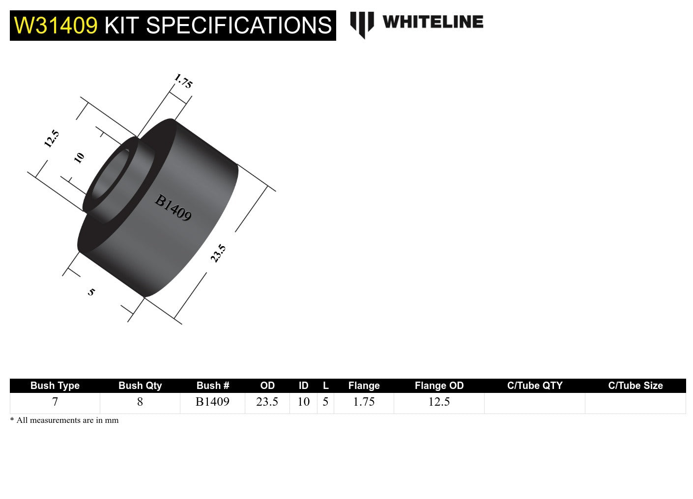 Whiteline Front Shoc Absorber - Lower Bushing Kit to Suit Ford Falcon/Fairlane XK-XF and Mustang Cla