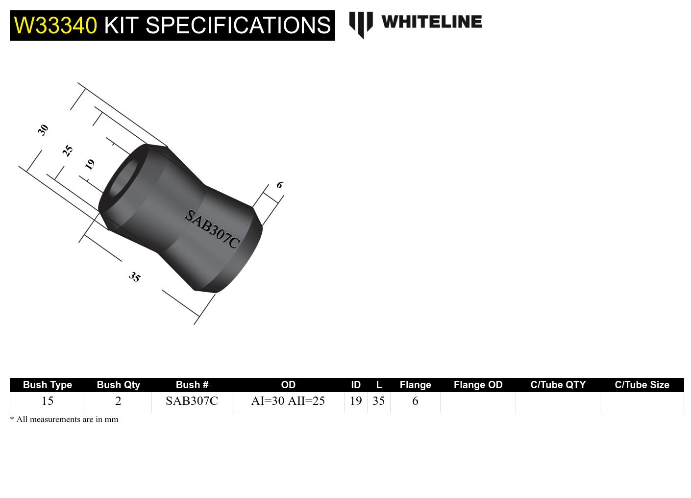 Whiteline Universal Shock Absorber - Bushing Kit - Type 15 OD=30/25, ID=19 L=35mm | W33340