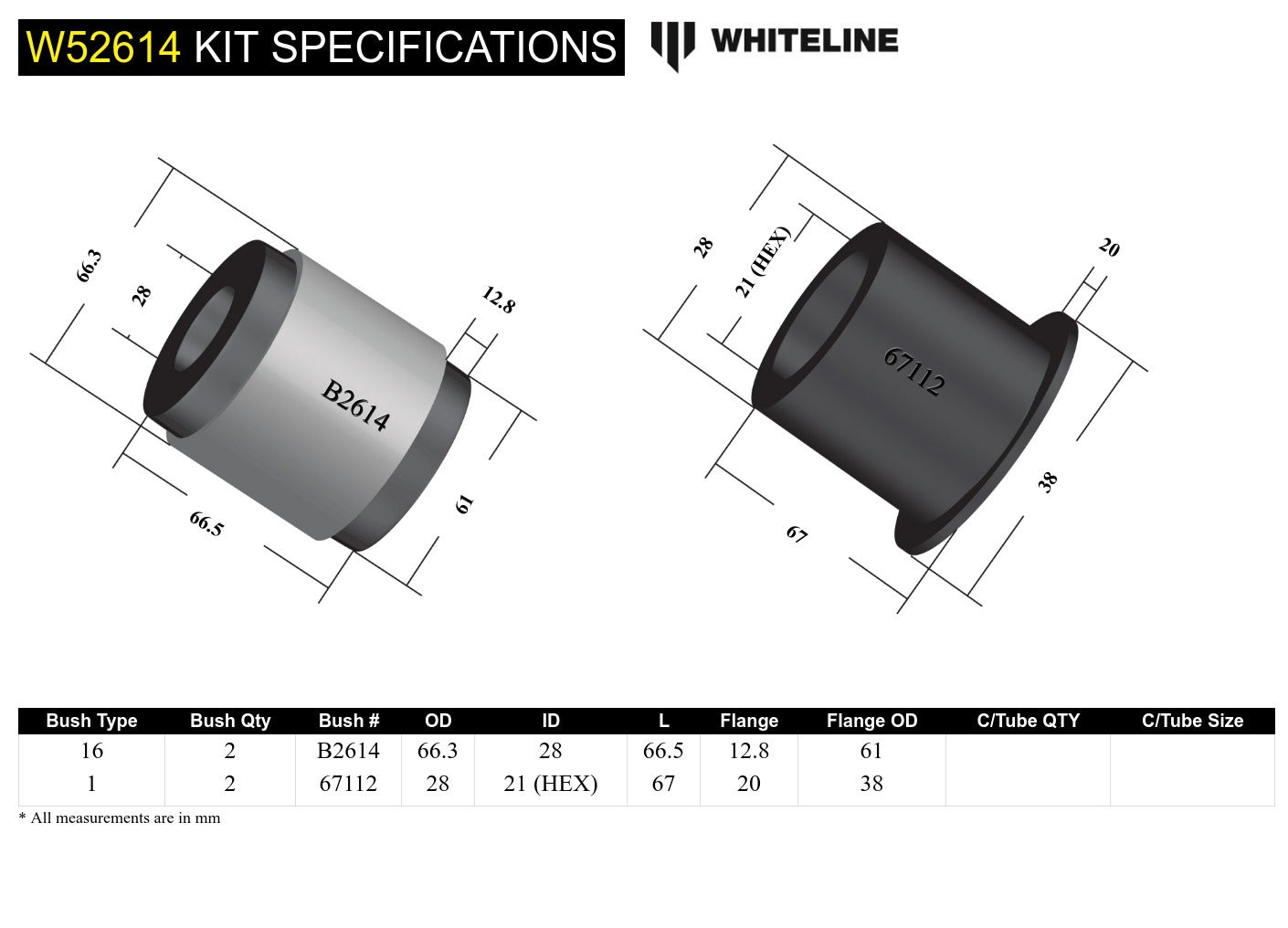 Whiteline Front Control Arm Lower - Inner Rear Bushing Doule Offset Kit to Suit Mini Cooper R50, R56