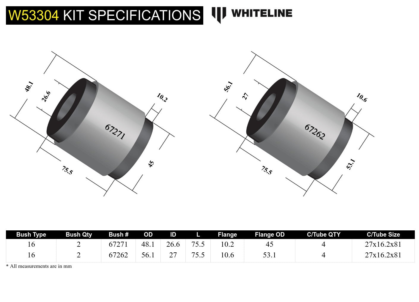 Whiteline Front Cotrol Arm Lower - Bushing Kit to Suit Toyota HiLux 2005-on and Foton Tunland P201 2