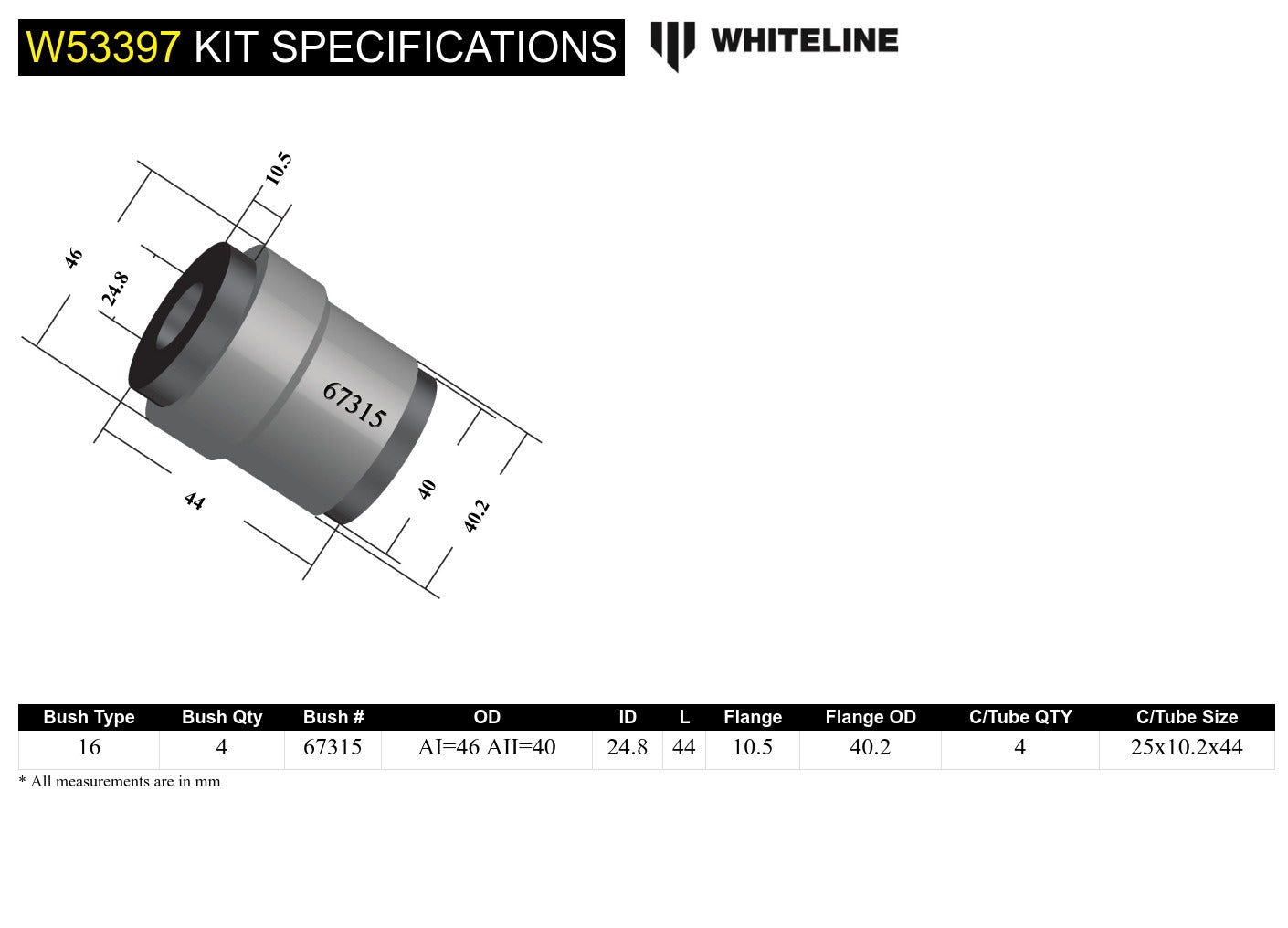 Whiteline Front Control Arm Upper - Bushing Kit to Suit Mazda6 GG, GY | W53397