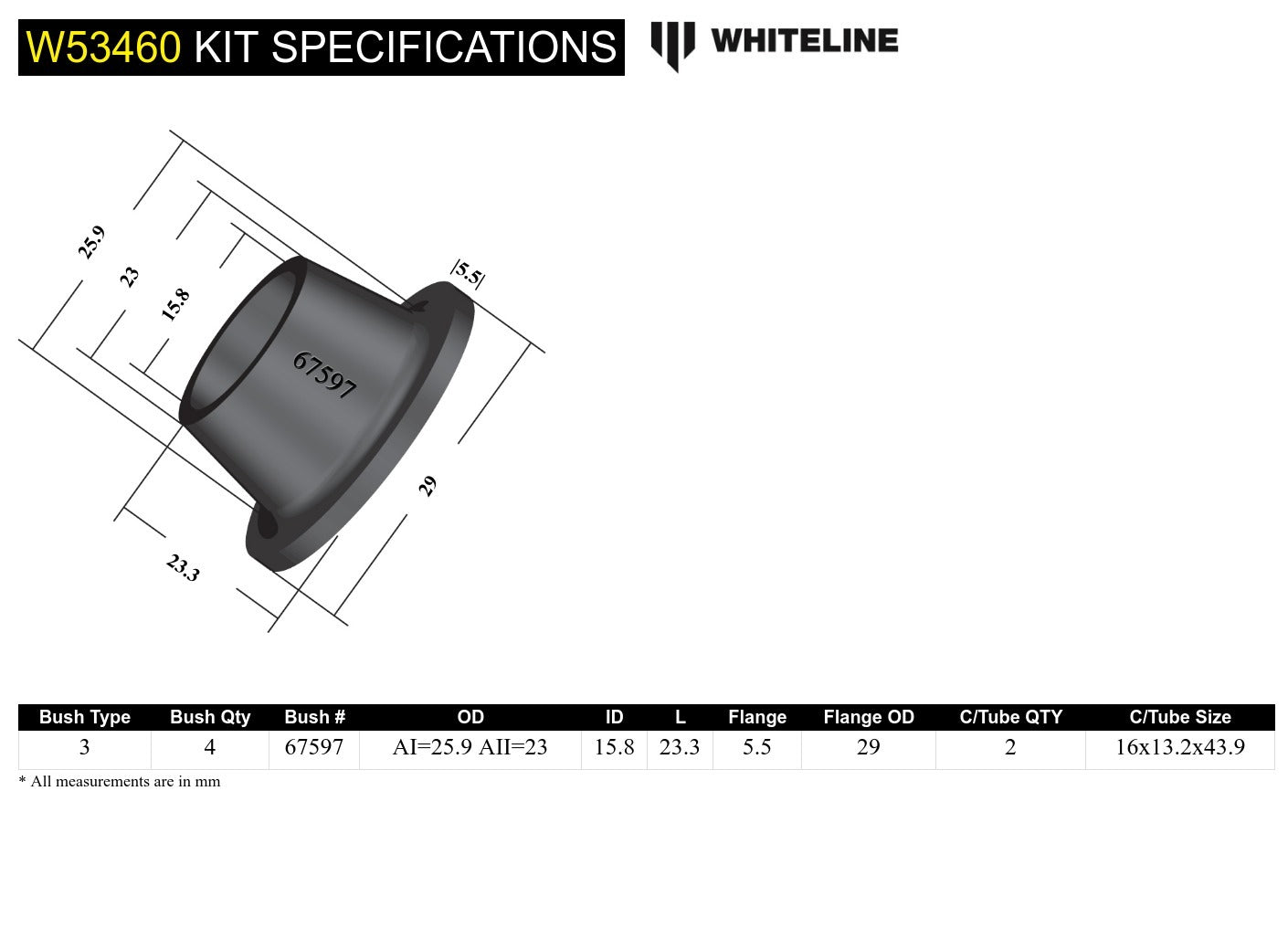 Whiteline Front Control Arm - Bushing Kit to Suit MG MGA, MGB | W53460