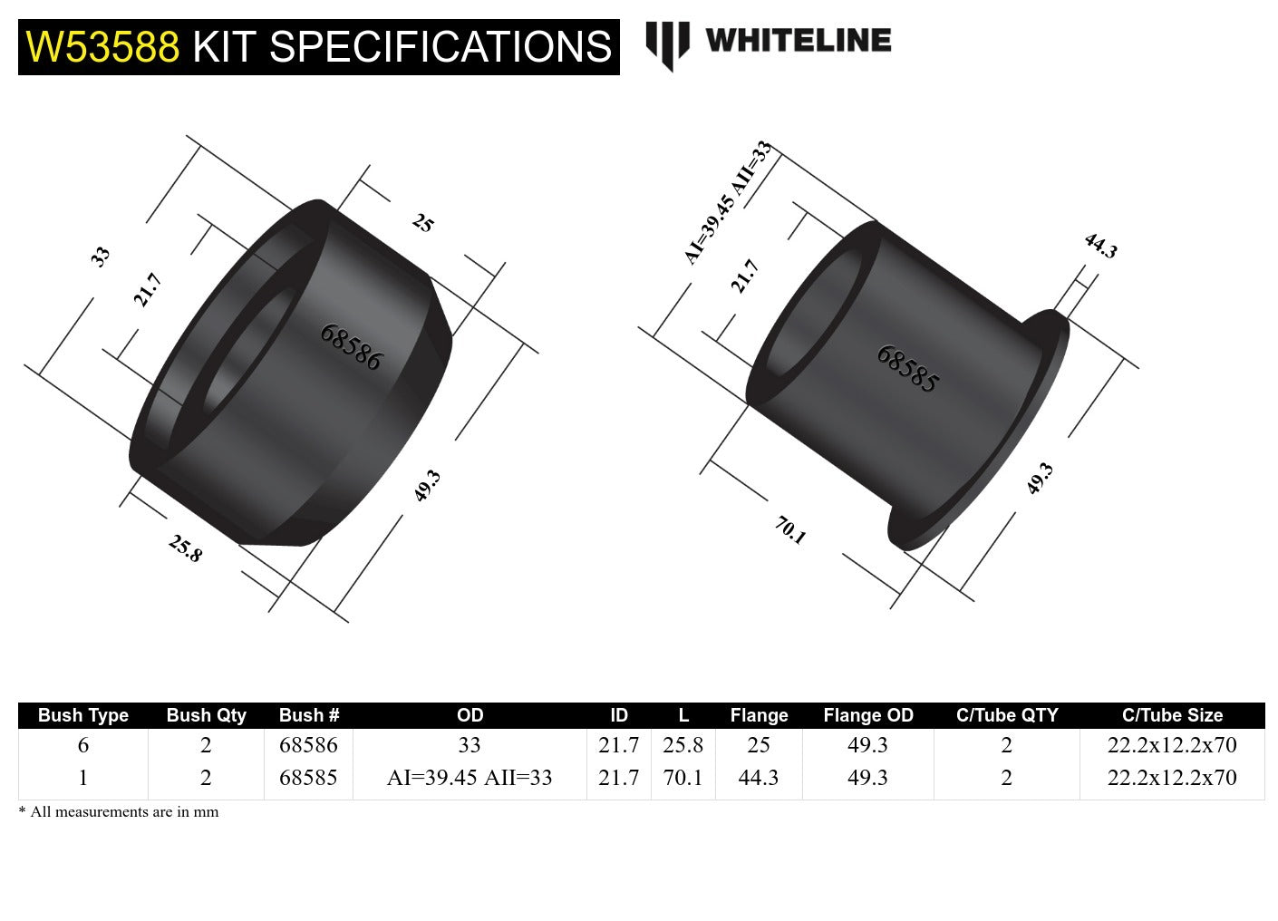 Whiteline Front Control Arm Lower - Inner Front Bushing Kit to Suit Holden Barina and Combo | W53588