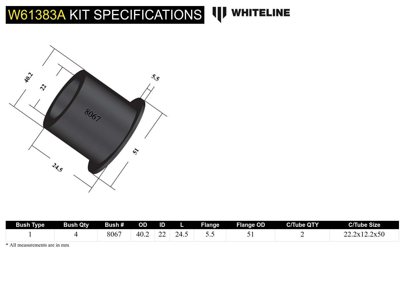 Whiteline Rear Trailing Arm Lower - Rear Bushing Kit to Suit Subaru Forester, Impreza, Legacy and O